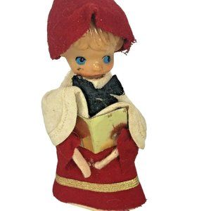 Christmas Ornament Singing Carol Shy Choir Girl Red Dress Gold Book 4.5" Vintage